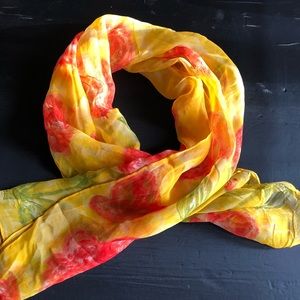 Vintage silk scarf floral yellow red and green